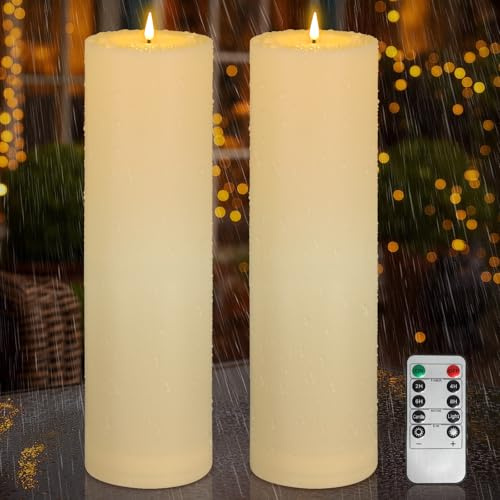 Kimjo 10CM x 35CM Sin llama Grandes Velas LED Parpadeo de la llama al Aire Libre Resistente al Agua 2 Piezas - Blanco Marfil Falsas Velas LED con Función de Temporizador Mando a Distancia