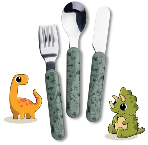 Fackelmann Kinderbesteck-Set Dino – 3-teilig in Graugrün, Kinderbesteck aus Edelstahl, Sicher und Robust, Spülmaschinengeeignet, Grün