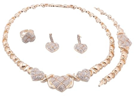 PVUVTNAHW Guldpläterad hjärtform Halsband Örhängen Armband Ring Bröllopssmycken Set for bröllopskrage Tillbehör