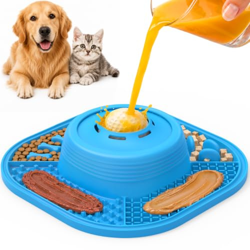 Tapis & Bol de Léchage pour Chiens Chats avec Ventouses, orantronx Tapis d'alimentation Lente en Silicone avec Balle à Lécher Amusante, 4 Textures, Jouets Animaux pour Alimentation Humide Sèche, Bleu