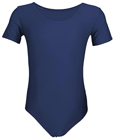 Aquarti Maillot de Gimnasia con Manga Corta para Niñas, Azul Oscuro, 134