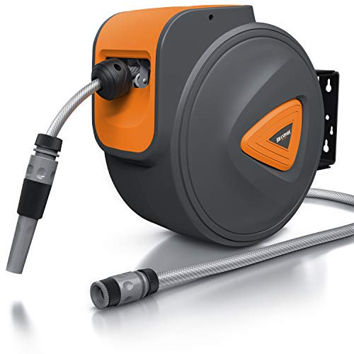 Brandson - 20m Schlauchtrommel - Gartenschlauch - automatisch einziehbar - Schlauchdurchmesser 13 mm - 180 Grad drehbar - kompatibel mit Gardena Produkten - Durchmesser 37 cm.