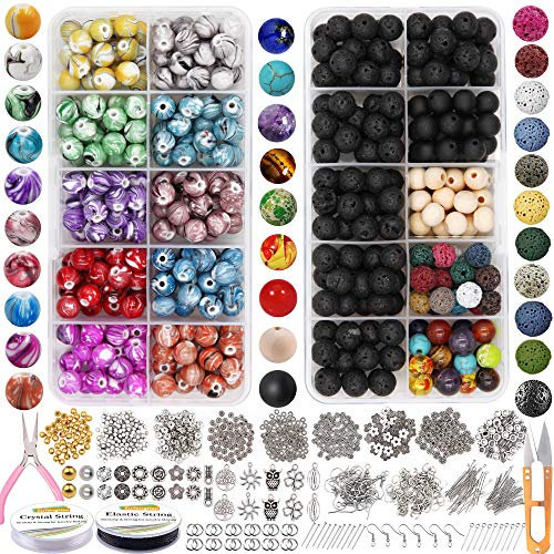 EuTengHao Runde lose Lava-Perlen in Tintenmustern mit Abstandshalter, Anhänger für Erwachsene, DIY-Armband, Halskette, Ohrringe, Schmuckherstellung, Handwerk, 1146 Stück