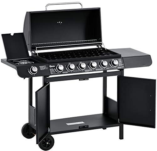Outsunny Gasgrill 20KW Grillwagen inkl 7 Edelstahl-Brenner Seitenkocher Druckminderer Gasschlauch Deckel 2 Heizzonen Thermometer Seitenablagen, BBQ Gartengrill für Balkon, Camping 135 x 50 x 100 cm