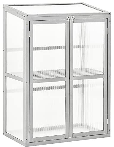 Outsunny Wooden Cold Frame Greenhouse Polycarbonate Garden Grow House for Flower Vegetable Plants with Adjustable Shelf, Double Doors, 76 x 47 x 110cm, Light Grey