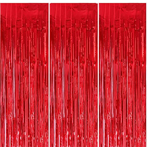 3Pcs 1m*2m Christmas Red Foil Curtains - Metallic Tinsel Party Shimmer Curtains with Fringe, for Xmas Party Photo Backdrop