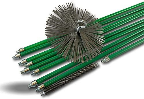 Kit de ramonage pro conduits non gainés | Hérisson acier | Ø 250 mm | 12 m en 9 cannes vertes autobloquantes Ø 18mm creuses | Ressort de départ | 8 * 1,4 m + 1 * 1 m| Cheminées | Kibros 5KIT25ALO