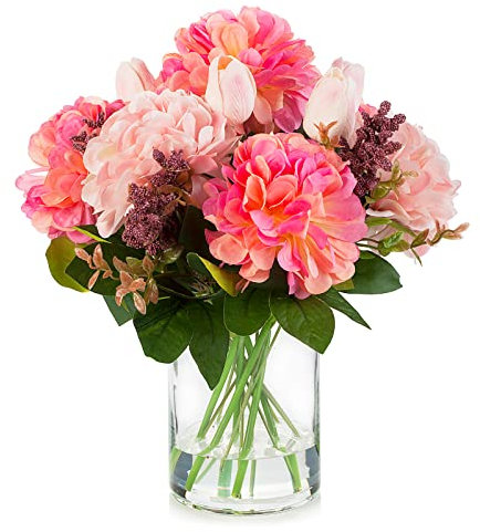 ENOVA FLORAL Tulpan äkta touch konstgjorda blomsterarrangemang med vas, blandad dahlia-sidenblomma i vas för matbordsdekorationer, bröllopsbordsuppsats (rosa)