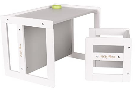KiddyMoon Kindertisch Mit Stuhl 2-In-1 Runde Kanten Kindermöbel Leicht Zu Reinigen, Weiß/Grau