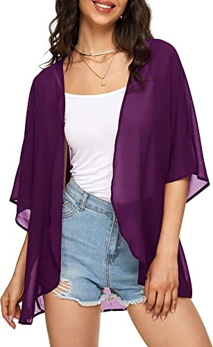 Women's Solid Puff Sleeve Kimono Cardigan Loose Cover Up Casual Blouse Top Chiffon