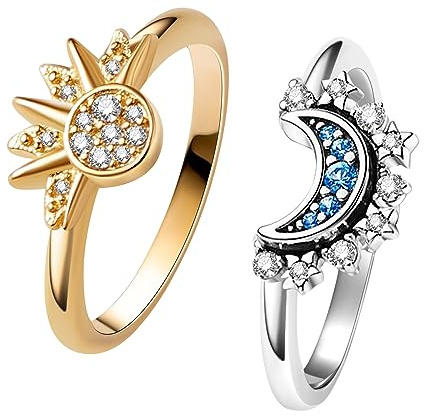 UNE DOUCE Set di anelli celestiali con sole e luna, anello scintillante con sole e luna blu con placcatura in oro/argento 14k, anello di promessa di amicizia, anelli celesti impilabili, regalo per le