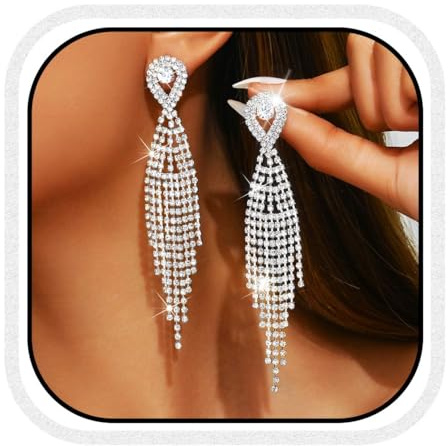 Unicra Long Tassel Rhinestone Earrings Silver Diamond Dangle Earrings Jewelry Sets Crystal Bridal Wedding Earrings Accessories for Women and Brides (Silver)