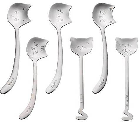 VESJUNO Dessert Spoon, Ice Cream Spoons, 18/10 Stainless Steel Spoon, Cute Tea-Spoons, Cat Shaped Coffee Spoons, Spoon for Stirring Tea, Coffee, Cereal Spoons Set, 6pcs Stirring Spoon Set, Gift Idea.