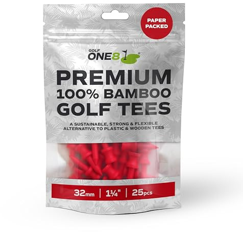 Golf One8 Red Golf Tees , 1 1/4 Inch - 32mm ,25 Tees , Premium 100% Bambo Red Golf Tees , 100% Bamboo , 100% Sustainable , 100% Biodegradable