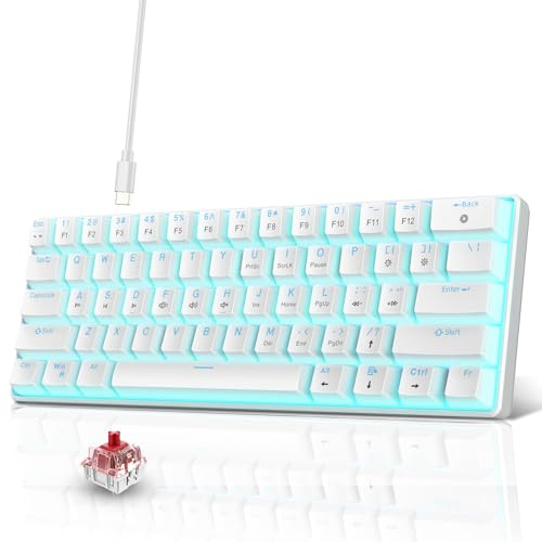 Snpurdiri Portable 60% Mechanical Gaming Keyboard, Ice Blue LED Backlit 61 Keys Mini Wired Office Keyboard for Windows Laptop PC Mac (White,Red Switches)