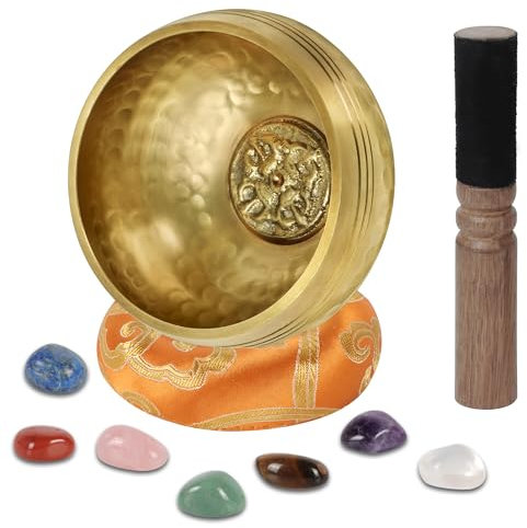 DiDiBirDi Traditionelle Klangschale 8cm mit 7 Chakra Kristallen, Handgefertigt in Nepal für Meditation und Yoga - Geschenkidee für Frauen und Männer