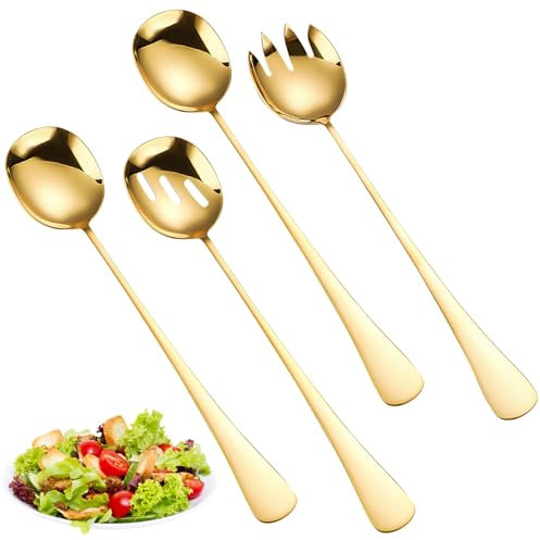AKONE Set di posate per insalata in acciaio inox, 4 pezzi, con forchetta e cucchiaio, 28 x 5,5 cm, per cucina, sala da pranzo, campeggio e picnic (oro)