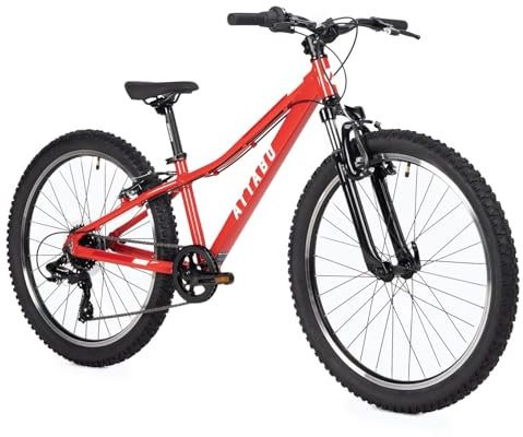 ATTABO Kinder-MTB JR Mountainbike mit Aluminiumrahmen 12 Rot Kinderfahrrad mit 24 Rädern mit Zubehör Ergonomischer Lenker V-Brake Verstellbarer Sattel 8-Gang-Kettenschaltung