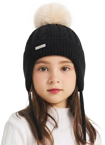 ZLYC Berretto Invernale per Bambini, in Cotone, con Pompon, Tinta Unita: Nero., Taglia Unica