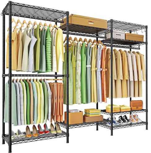 Ulif E13 Heavy Duty Clothes Rack（With 4 Hanger Rods & 8 Shelves） Freestanding Clothing Racks for Hanging Clothes，Adjustable Closet Organizer，Metal Garment Rack 63 W x16 D x77 H，Max Load 900LBS，Black