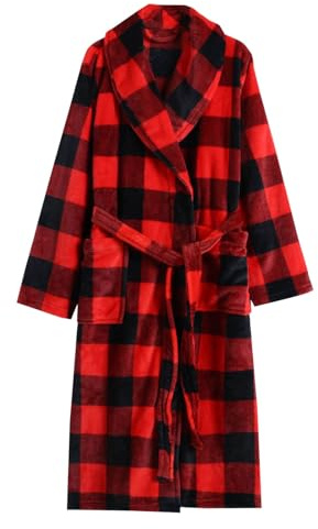 DUHENWU Peignoir long en polaire pour homme - Robe de chambre - Pour les loisirs - Vêtement de nuit d'hiver chaud - Avec poches - À carreaux - Couleur contrastée - Peignoir de voyage doux avec col