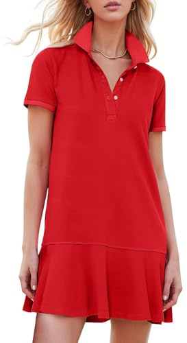 Kissonic Vestido Tipo Polo para Mujer, Estilo Casual, para Verano, Golf | Cuello en V, manga corta, dobladillo con volantes, vestido con cuello para mujer, ropa atlética, casual, viajes, vacaciones
