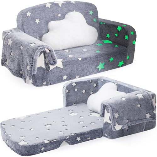 Foryoomi Extra Wide Kids Couch, 2-in-1 Soft Couch with Blanket, Glow in The Dark, Comfy Chair with Cloud Pillow, Convertible Sofa, Star
