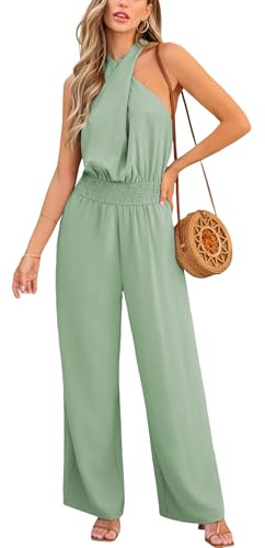 CUPSHE Combinaison d'été pour femme - Col croisé - Sans manches - Taille smockée - Longue jambe large - Tenue décontractée