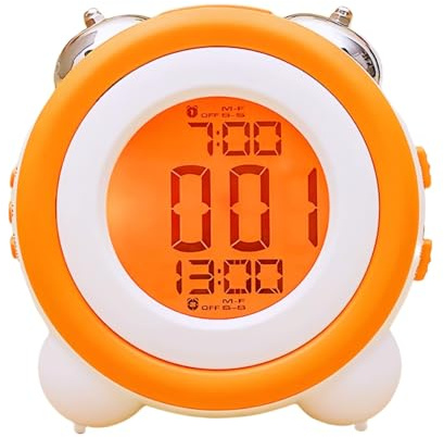 YHFITN Despertador Super Fuerte, con Doble Campana a Pilas y Función de Repetición, Modo Silencioso, Calendario con Fecha y Semana, Diseño Retro, Ideal para Oficina en Casa (Naranja)
