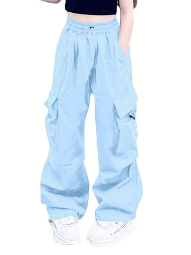 Nanasait Girls Cargo Pants Elastic Waist Drawstring with Pockets Pants Light Blue 150CM,6-14 Years