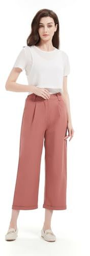 GLOWELFA Pantalon Femme Été Fluide Taille Haute – Coupe Large 7/8 Pantacourt Élastique au Dos, Léger et Confortable, Tissu Respirant et Extensible, Idéal Travail Bureau Vacances (G82876,TG,Rouge)