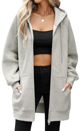 Vancavoo damhoodie med dragkedja, lång fleecetröjor med fleece, ledig långärmad jacka, lös kappa med huva plus size, ytterkläder huvtröja med fickor