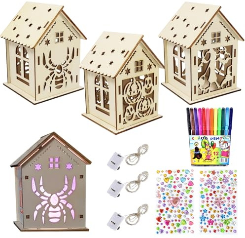 3 Pezzi Lavoretti Creativi per Bambini Halloween, Halloween Casa Legno Fai da Te, Decorazioni Halloween, LED Lavoretti Halloween, Kit per lavoretti per Creare una Casa in Legno, Regali halloween