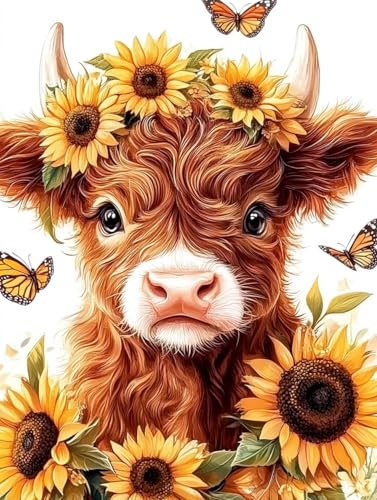Yikenjoy Highland Cow Diamond Art Kits for Adults Beginners, DIY 5D Diamond Painting Kit for Beginner Full Drill with Sunflower, Relax Fun Highland Cow Decor Gift, 16x12 Inch