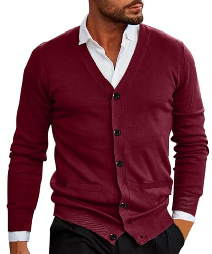 Generisch Cárdigan para hombre con cuello en V, jersey de punto ajustado, camisa de punto fino, chaqueta ligera, chaqueta de entretiempo, botones, estilo elegante, suéter de mezcla de lana, suéter de