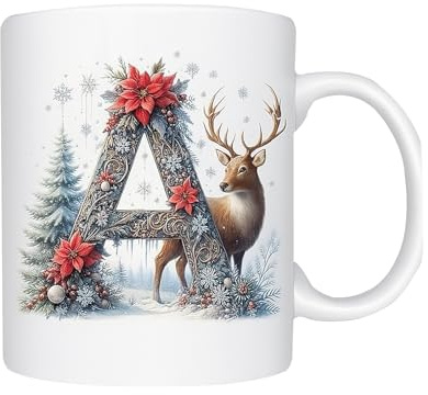 Star Christmas Mug with Sparkle Alphabet Initial | Custom Printed Festive 11oz Ceramic Coffee Cup with Santa Hat Letter Design | Ideal Xmas Gift for Kids, Family, Secret Santa (Ice Alphabet A to Z)