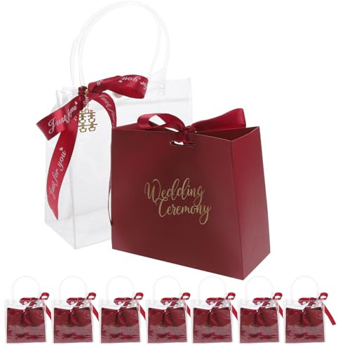 GANAZONO Set 10 Borse da Sposa Manici in PVC e Carta Rosso Sacchetti Portaconfetti e Scatole per Dolcetti Grandi Sacchetti Regalo Matrimonio per Feste Compleanni e Nozze Borse Tote