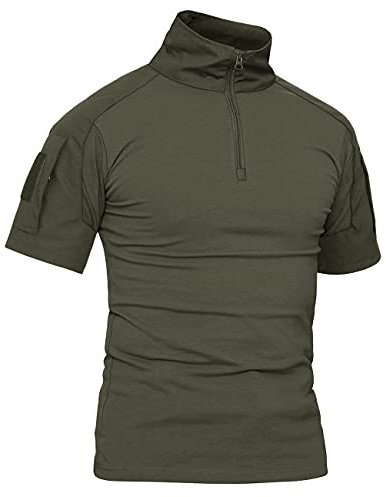 KEFITEVD T-Shirt Herren Taktisch 1/4 Reißverschluss Camouflage Shirt Ärmeltaschen mit Klett Army Uniform Flecktarn Outdoor Hemd Dunkeloliv M