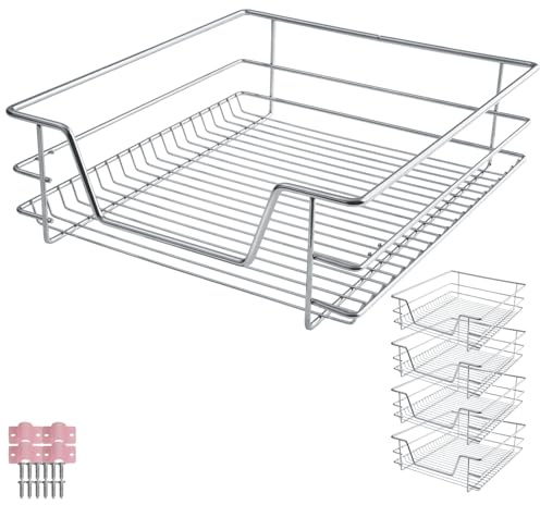 tectake® Set of 4 Pull-Out Drawer Baskets with Telescopic Rails, Wire Storage Baskets in Chrome-Plated Steel, Easy Assembly, Ideal Cupboard Organiser for Kitchen, Bedroom, Bathroom, Pantry - W50 cm