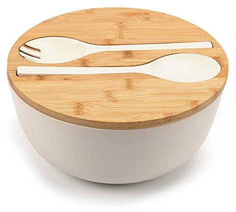 ShineMe Large Salad Bowl with Lid, Bamboo Fiber Salad Serving Bowl Set with Utensils, 9.8inches Mixing Bowl with Servers, Solid Bamboo Wooden Bowl for Candy, Salad, Fruits, Vegetables and Pasta(White)