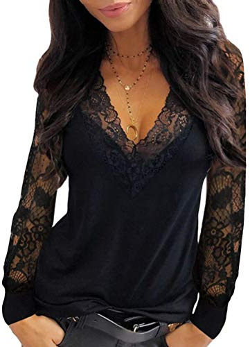 ORANDESIGNE Chemisier Sexy Femme Tunique Haut Manches Longues Évidé Top Automne Blouse Dentelle Chemisier Col V T-Shirt Chic Noir M
