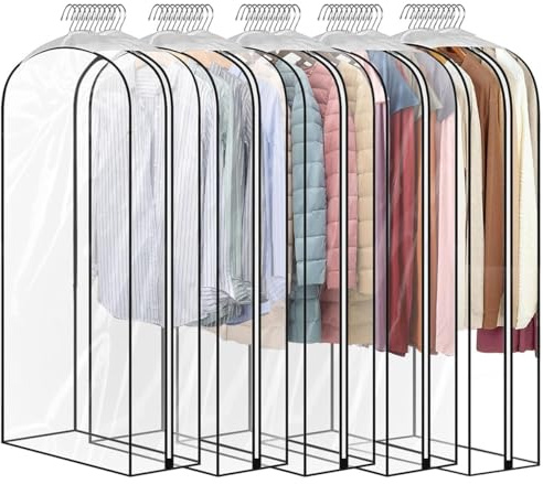 5 Pack 60 All Clear Garment Bags for Hanging Clothes Storage, 10 Gusseted Large Capacity Garment Rack Cover, Large Hanging Clothing Bag for Dress Gowns, Coats, Suit, Down Jacket