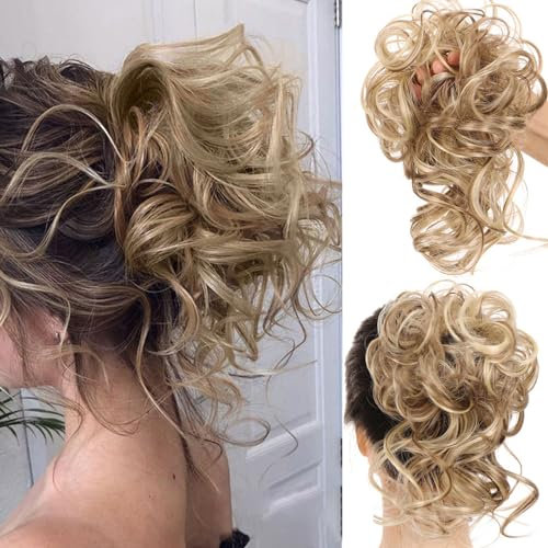 RPAEOY 2 Piezas Moños Postizos Banda Elástica Postizo de Pelo Natural Coleteros Pelo Sintético Rizado Ondulado Extensiones de Cabello Desordenado Postizos para Mujer (Marrón claro)