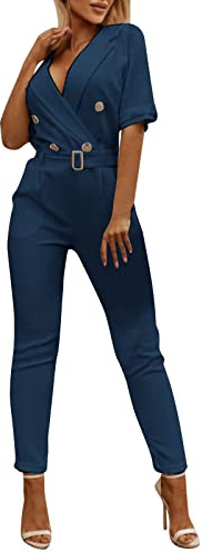 Combinaison Femme Pantalon De Bureau Professionnelle à Double Boutonnage Couleur Unie Col De Costume Manches Courtes Ample DéContractéE Avec Ceinture SoiréE Overalls Rompers Chic Slim Taille Haute