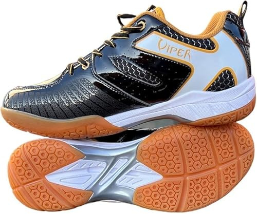 VIPER Badminton Shoes Extra Wide Fit Tennis Badminton Squash Shoes Non Slip Sports Trainers for Volleyball Black Gold