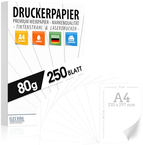 250 fogli di carta per stampante, formato A4, 80 g, bianco puro, DIN A4, 21 x 29,7 cm, carta per fotocopie, stampanti laser e getto d'inchiostro per università, fotografia, presentazioni, fai da te,