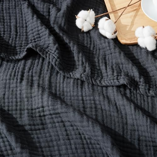 EMME Cotton Blanket, Pre-Washed Cuddly Blanket,Soft and Breathable Bedspread, Universal Sofa Blanket, Lightweight, Comfortable Cotton Muslin Blanket for All Season (Black, 127 x 177 cm)