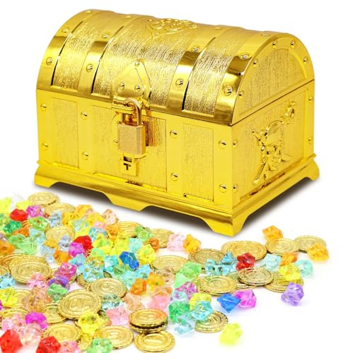 Forbabe Schatzkiste Kindergeburtstag mit Piraten Goldmünzen Diamant, Schatztruhe Kindergeburtstag Gold Schatztruhe mit Schloss und Schlüssel für Aufbewahren Und Dekorieren, Kindergeschenk