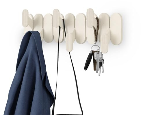 Umbra Tempo Wall Hook – Modern 6-Hook Coat & Towel Rack, Recycled ABS/Wood Fiber, Sand (Beige), Easy Mount Entryway Organizer