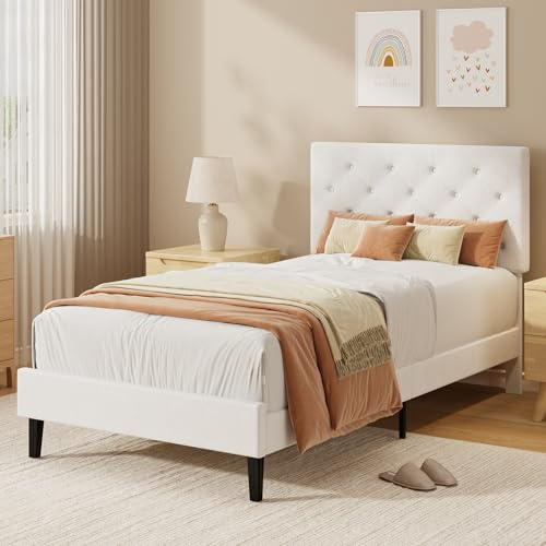 HOMBCK Single Bed Frame, 90 x 190 cm, with Adjustable Upholstered Headboard, Heavy Duty 256kg Weight Capacity, Easy Assembly, No Box Spring Needed, White